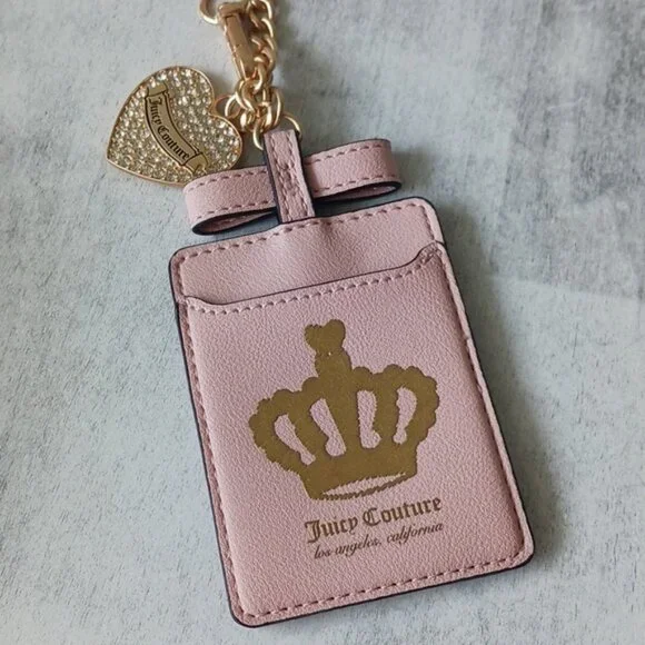 Juicy Couture Pink and Gold Keychain & Card Case Bag Heart Rhinestones Charm